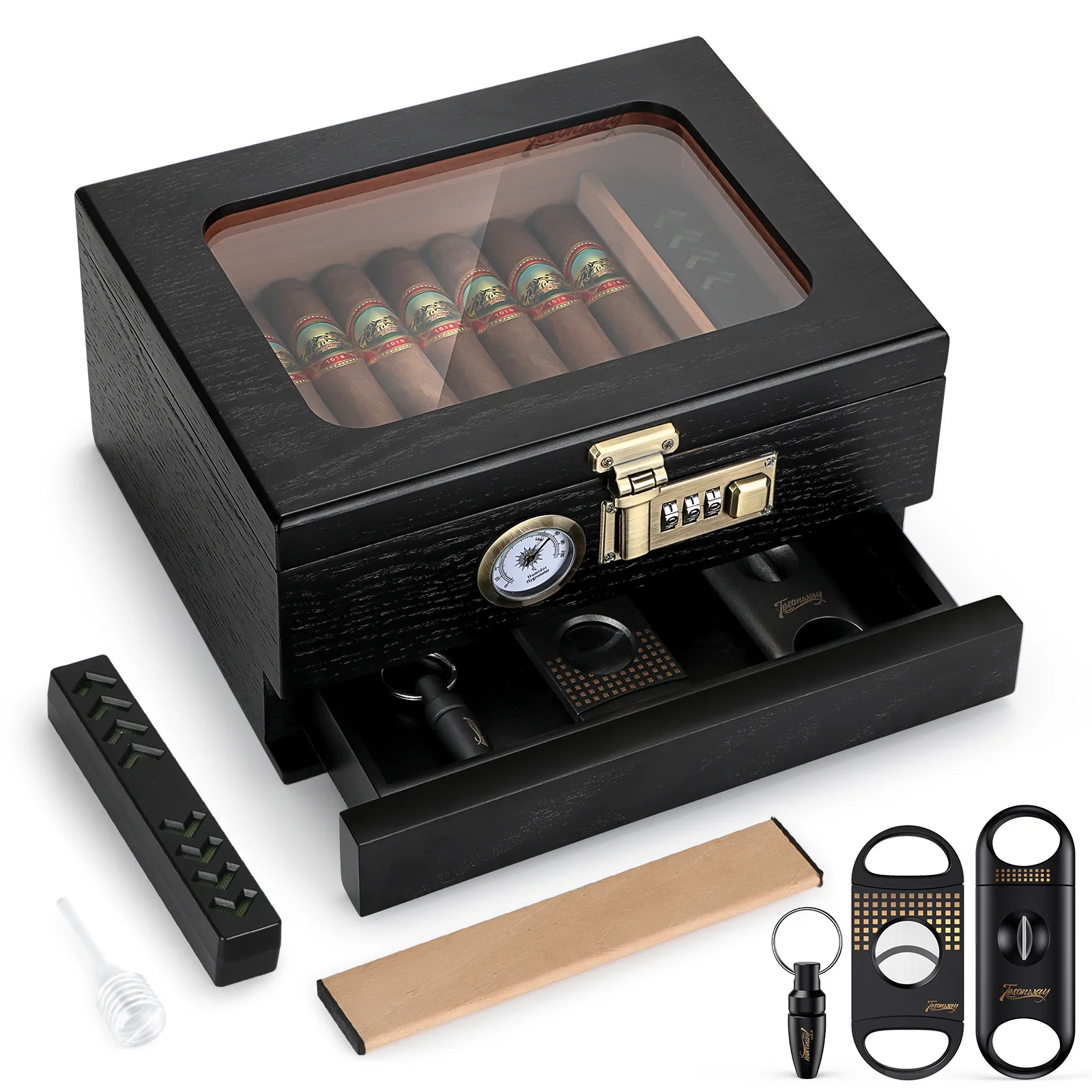 Tesonway Glass Top Desktop Humidor - 25-50 count Spanish cedar humidor for beginners