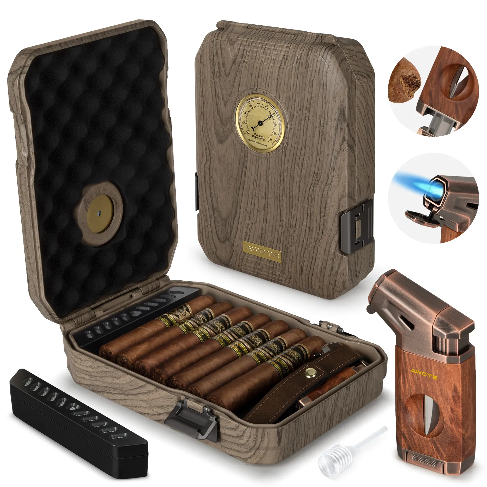 Awote Travel Cigar Humidor Set - All-in-One Kit with Lighter and Punch for US Travelers