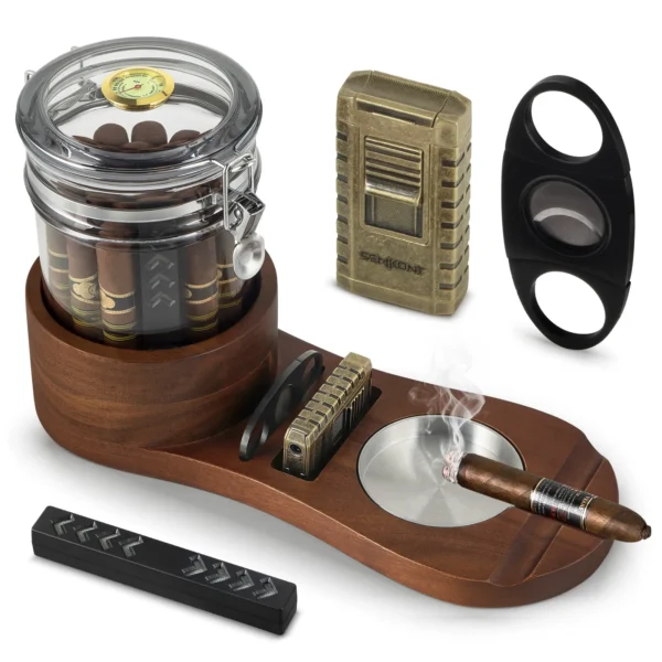 SEMKONT Solid Wood Cigar Ashtray & Acrylic Cigar Jar Kit