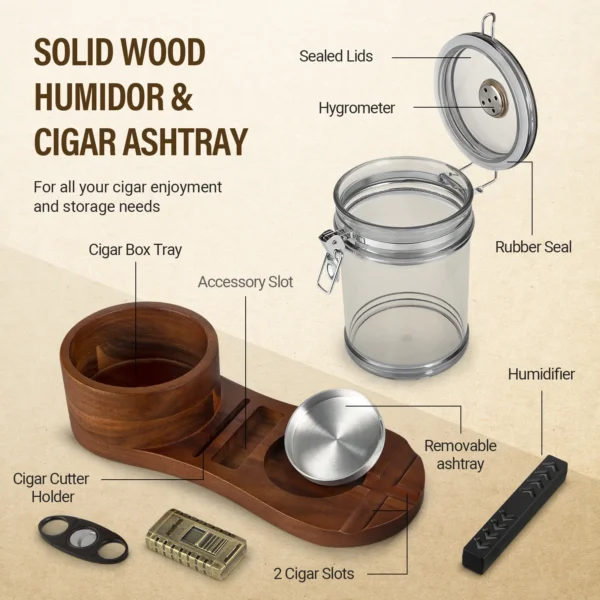 SEMKONT Solid Wood Cigar Ashtray & Acrylic Cigar Jar Kit Features