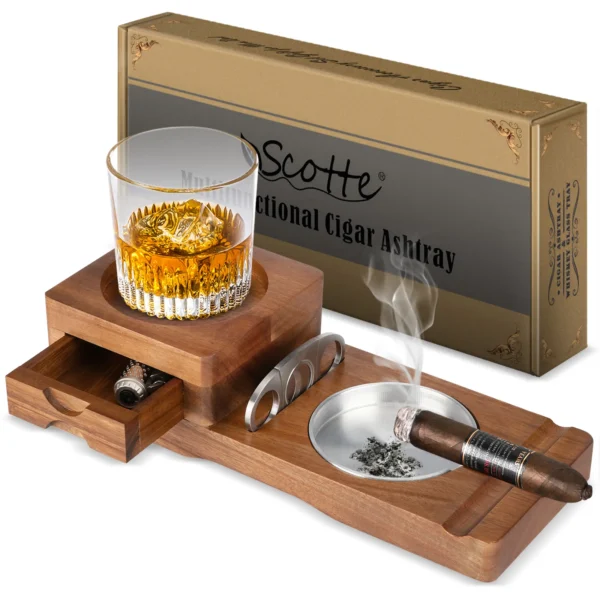 Scotte Wooden Ashtray Coaster Whiskey Glass Tray Set