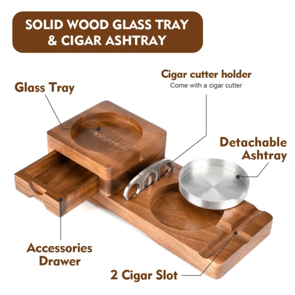 Scotte wooden ashtray coaster whiskey glass tray set details