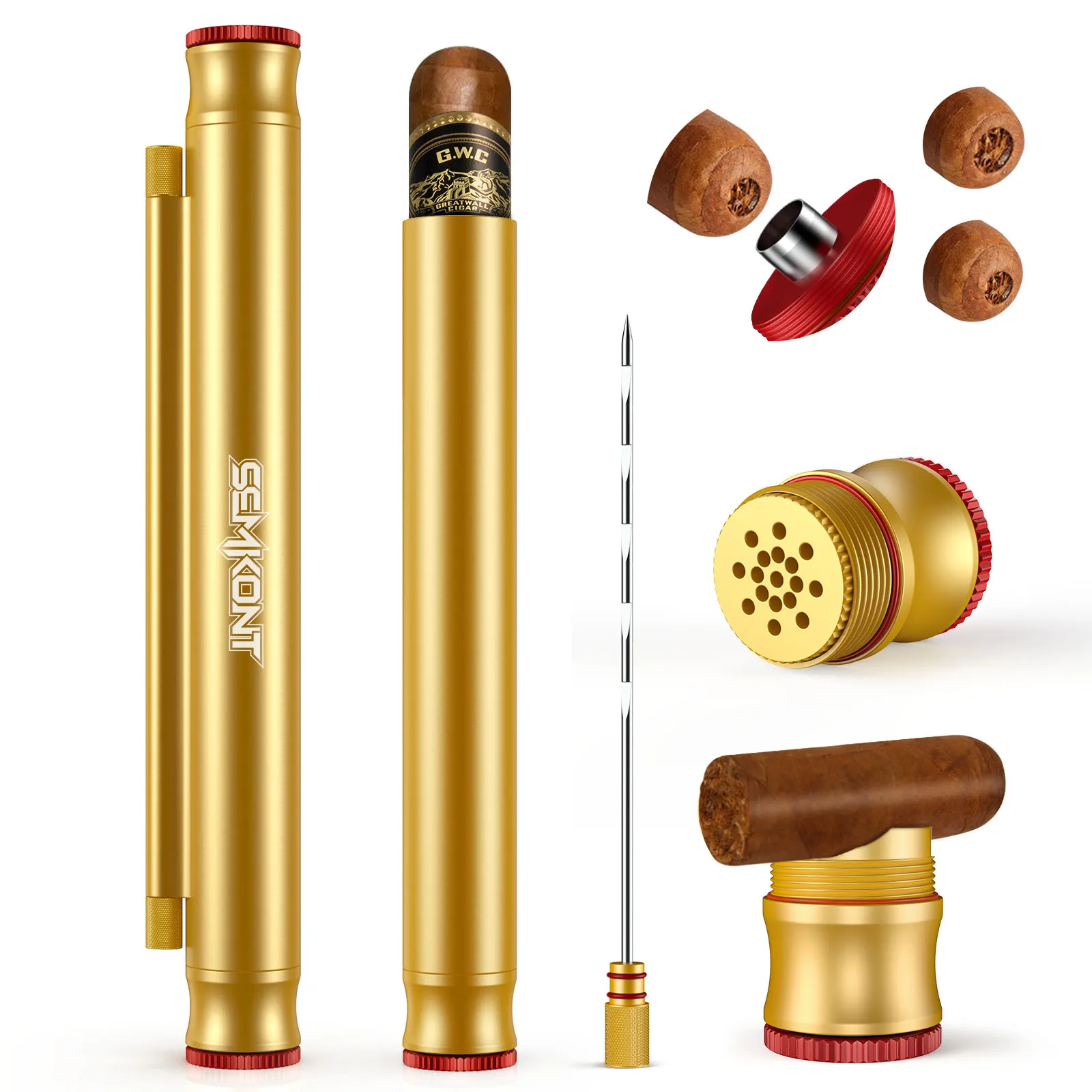 SEMKONT Travel Cigar Tube with Humidifier & Punch 8 SEMKONT Aluminum Cigar Tube with integrated tools and humidifier