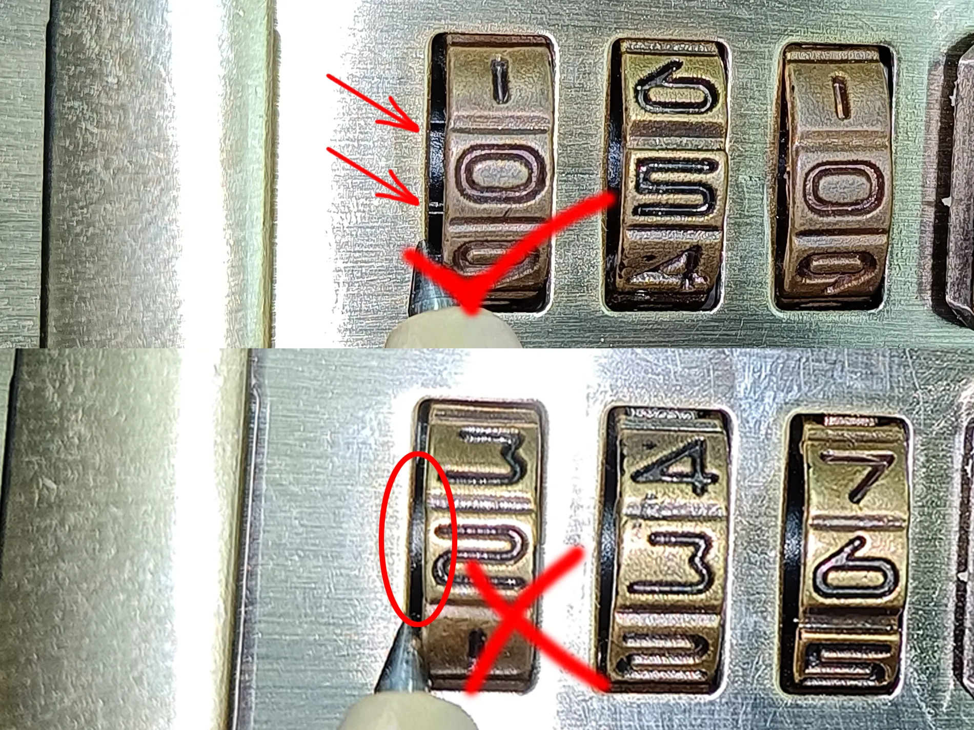 How to Recover Forgotten Combination Lock Code 11 Comparison between correct and incorrect combination positions
