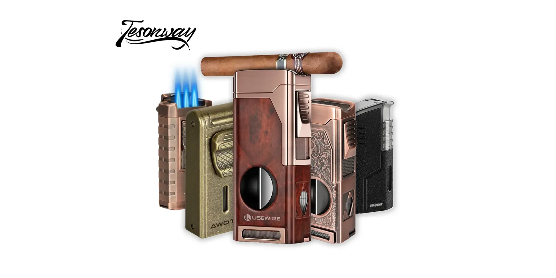 Tesonway 4 Jet Flame Cigar Lighter with punch cutter