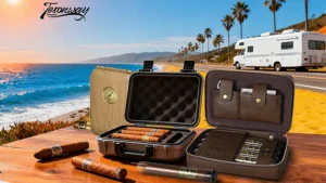 Tesonway 55 5 Best Travel Cigar Humidors 2025 US Buyer’s Guide: collection of portable travel cigar cases and humidors with cigars, set against a coastal beach and RV backdrop, ideal for US cigar enthusiasts on the go