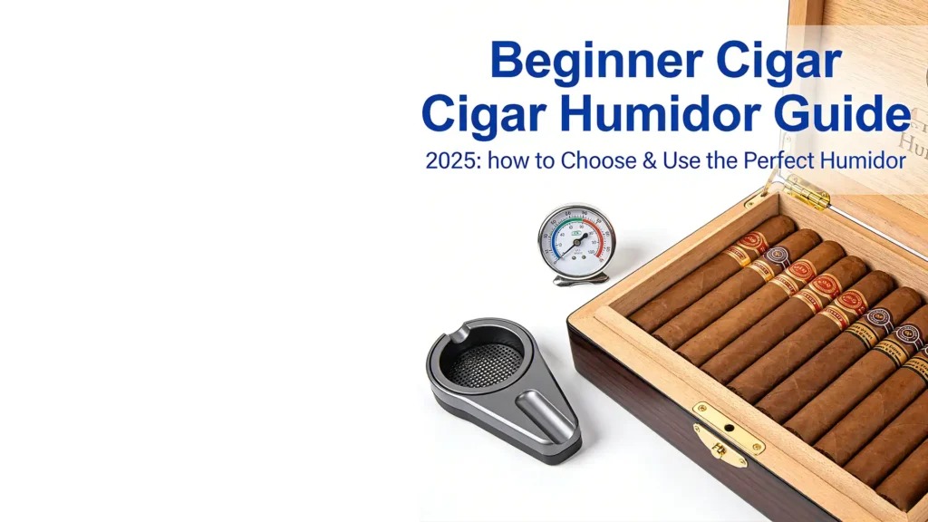 Beginner Cigar Humidor Guide 2025 open wooden cigar humidor with cigars inside alongside a hygrometer and ashtray, illustrating how to choose and use the perfect humidor for new cigar enthusiasts