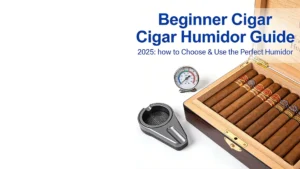 Tesonway 54 Beginner Cigar Humidor Guide 2025 open wooden cigar humidor with cigars inside alongside a hygrometer and ashtray, illustrating how to choose and use the perfect humidor for new cigar enthusiasts