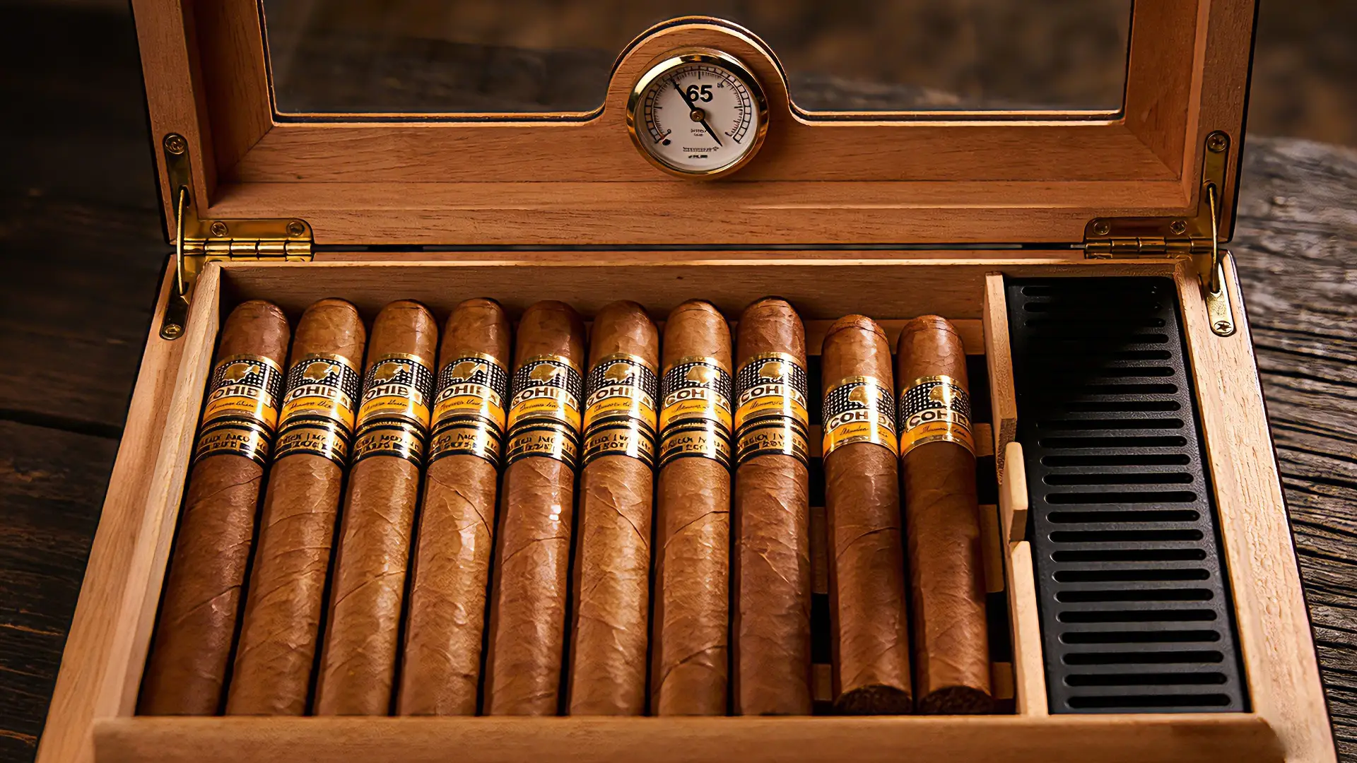 How to season a cigar humidor properly 2 A premium wooden cigar humidor properly seasoned, showing how to season a cigar humidor for perfect cigar storage, with neatly arranged cigars and a hygrometer visible on the lid
