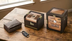 Tesonway 50 Best cigar humidor for beginners – desktop, travel, and cabinet humidors on wooden table