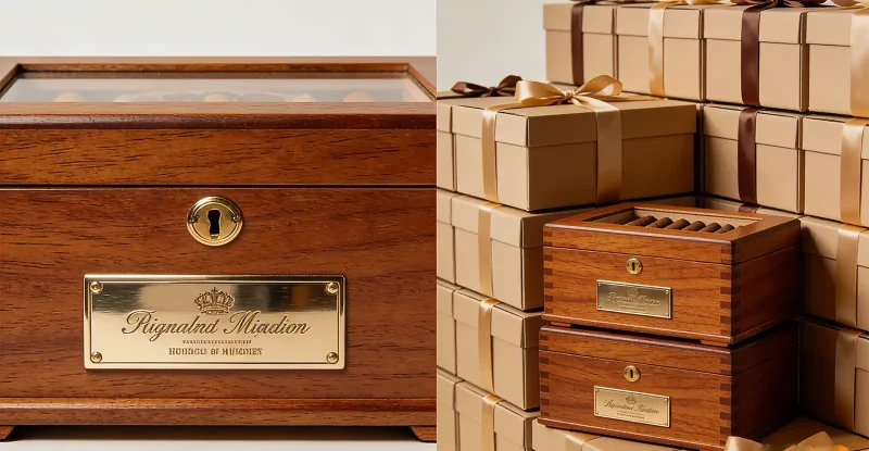 Group of cigar enthusiasts holding premium humidors, representing bulk orders and club purchases with 50% discount offer new