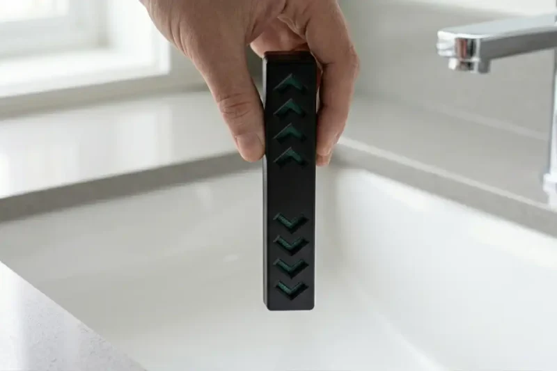 hand holding humidifier upside down with no water dripping – correct fill level