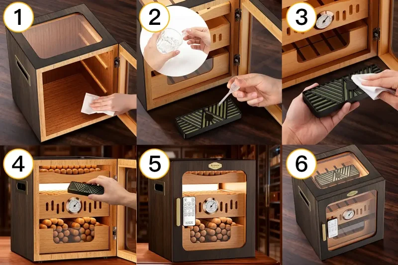 step by step infographic of how to season a cigar humidor