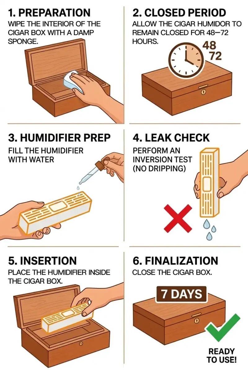 step by step infographic of how to season a cigar humidor